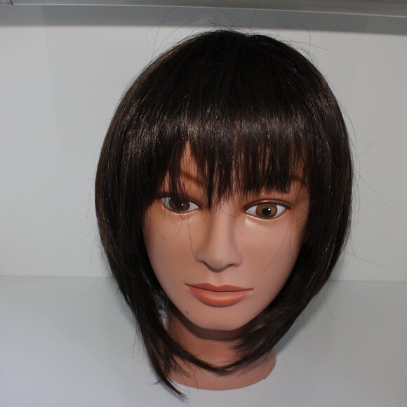 Synthetic Fiber Short Straight Brown W/Highlights Bob Wig With Bangs - Picture 1 of 11